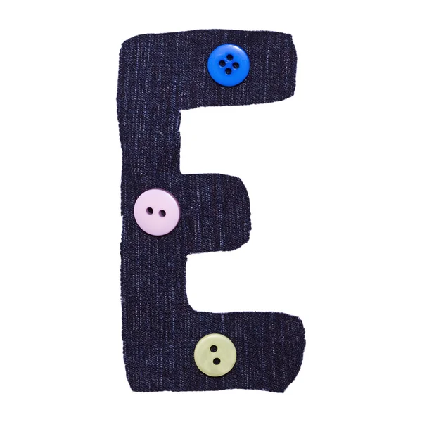Letter E from fabric and button on the white — Stock Photo, Image