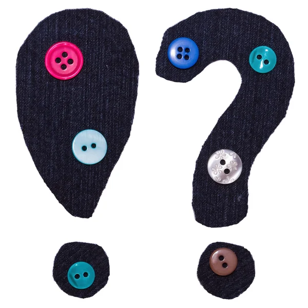 Exclamation, question from fabric and button on the white — Stock Photo, Image