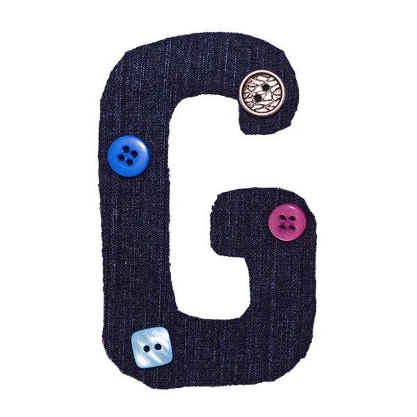 Písmeno g z textilie a tlačítko na bílé — Stock fotografie