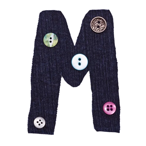 Letter M from fabric and button on the white — Stock Photo, Image