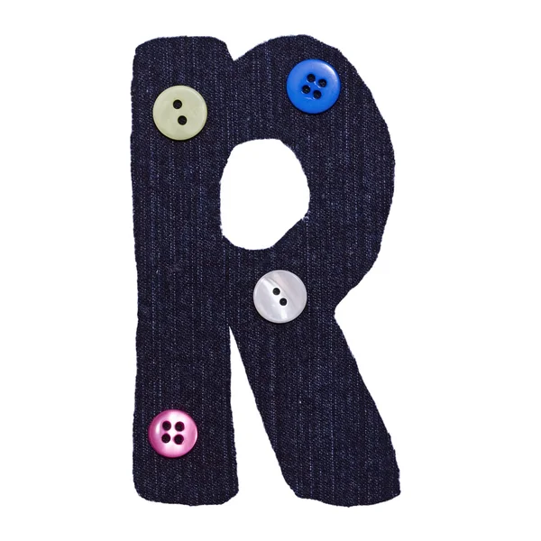 Letter R from fabric and button on the white — Stock Photo, Image