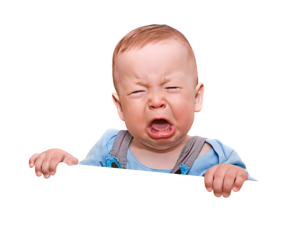 The crying boy, on white background, with empty place for your text