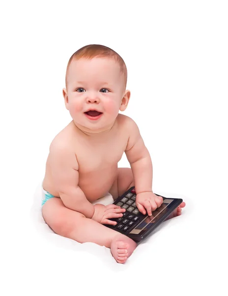 The kid with calculator on the white — Stock Photo, Image