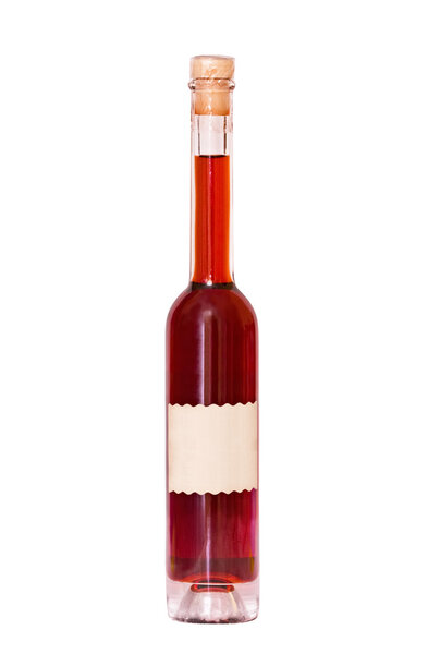 Thin high bottle of wine with empty label on the white