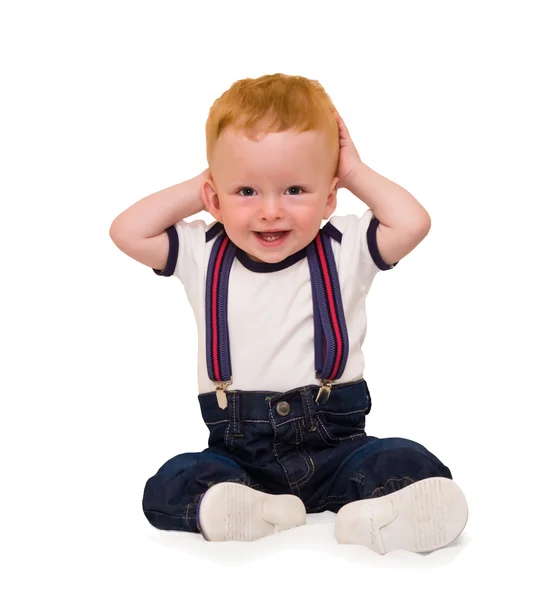The one-year-old kid sitting on a white background — Stock Photo, Image