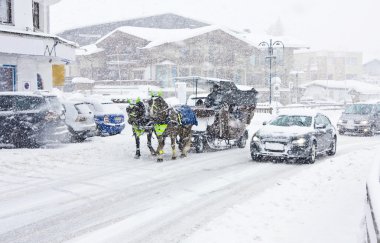 atlar ve bir araç karayolu, kar yağışı, kirhberg, Avusturya, tirol üzerinde çift