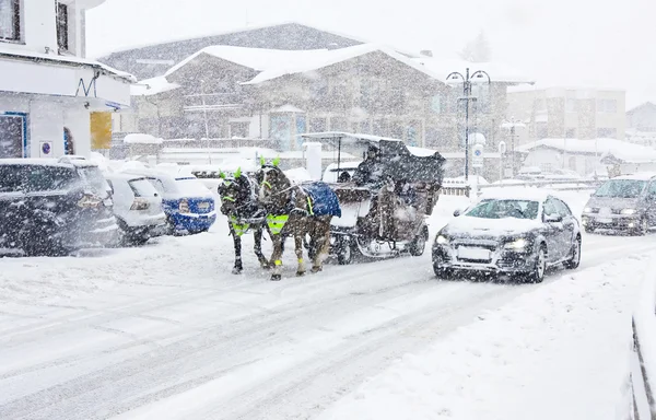 Pair of horses and a vehicle on a highway, snowfall, Kirhberg, Austria, Tirol — Stock Photo, Image