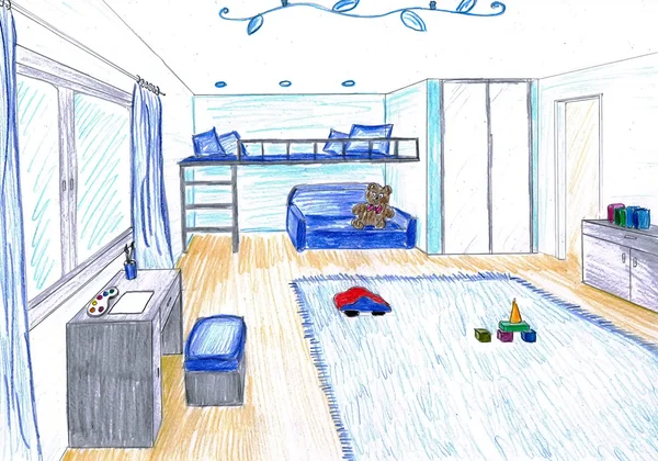 Графический эскиз интерьера квартиры, цветные панцири — стоковое фото