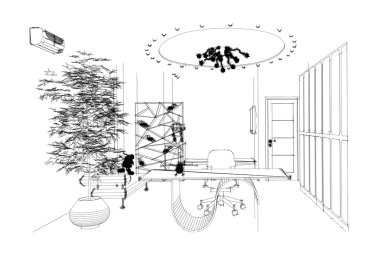 bir iç çocuk yatak odası, liner grafik çizimi