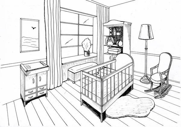 Croquis graphique d'une chambre d'enfant intérieure, doublure — Photo