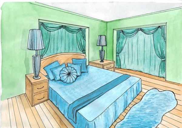 Grafische schets van een interieur slaapkamer, water kleur — Stockfoto