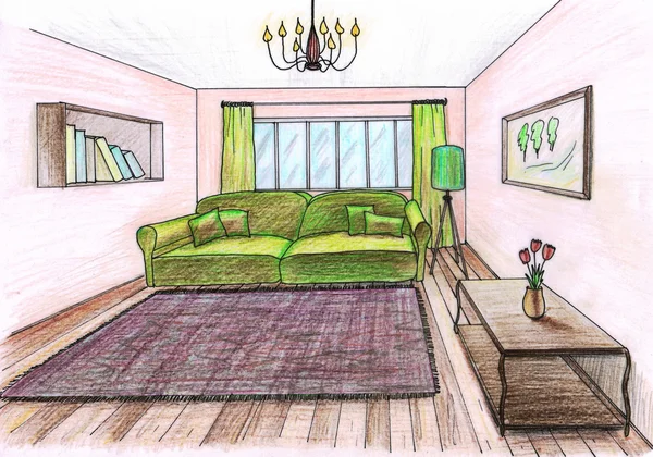 Grafický náčrtek, obývací pokoj — Stock fotografie