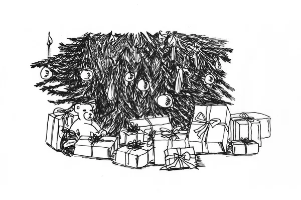 Grafik taslak Noel ağacı ve altında bu hediyeler — Stok fotoğraf