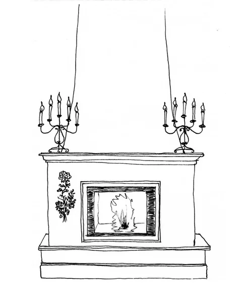 Graphical sketch, Fireplace and candles — Stock Photo, Image