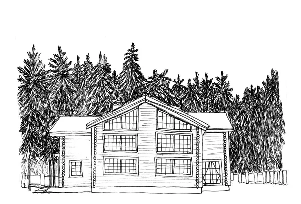 Grafik çizimi. kürk-ağacı ahşap daireli ev — Stok fotoğraf