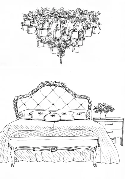 Szkic graficzny sypialni wewnętrznej — Zdjęcie stockowe