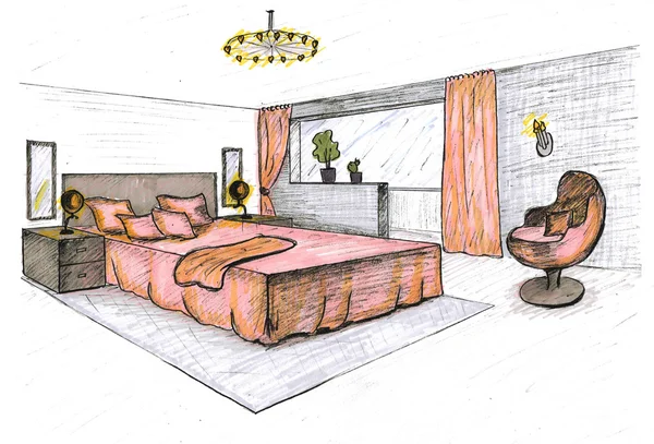 Graphical sketch of an interior bedroom — Stock Photo, Image