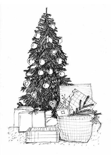 Grafisk skiss julgran och gåvor under det — Stockfoto