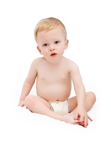 Portrait of one-year-old kid wearing diaper isolated — Stock Photo, Image
