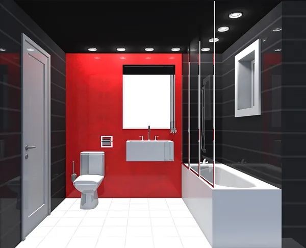 Moderne luxe badkamer rood zwart wit interieur. — Stockfoto