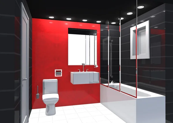 Moderne luxe badkamer rood zwart wit interieur. — Stockfoto