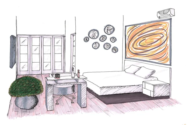 Graphic sketch an bedroom — Stock Photo, Image