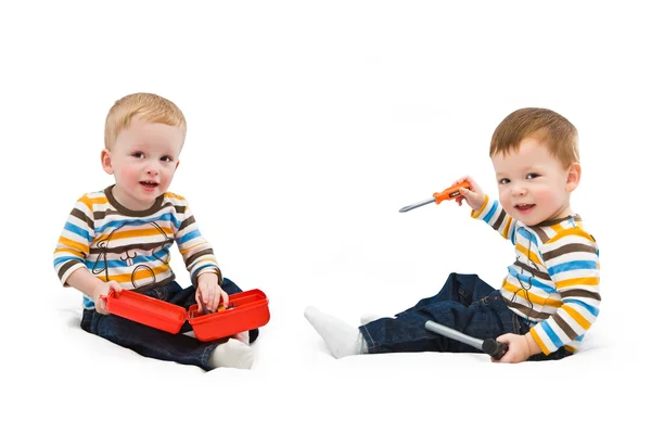 One-year-old children, building tools — Stock Photo, Image