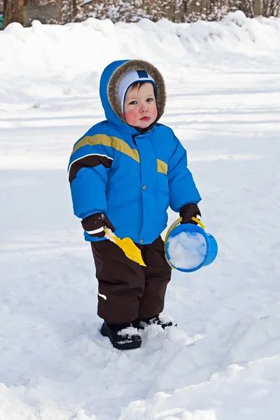 One-year-old boy play in snow — Stock Photo, Image