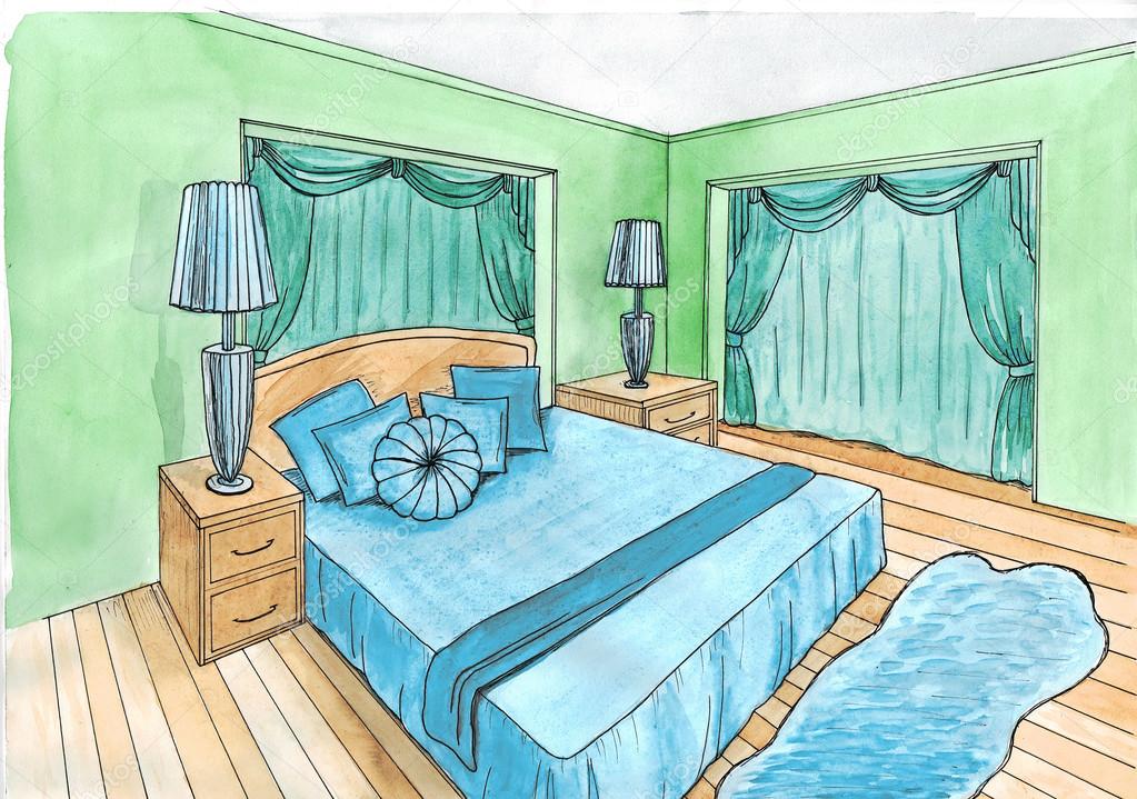 Iç bir yatak odası, su renk grafik çizimi Stok fotoğrafçılık ©irogova