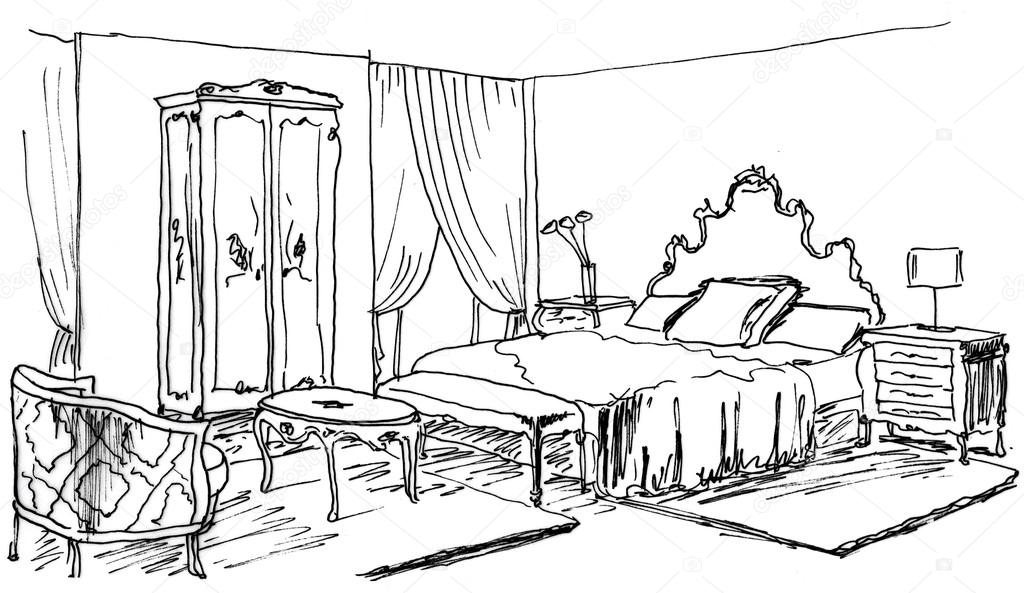 Graphical sketch of an interior bedroom, liner
