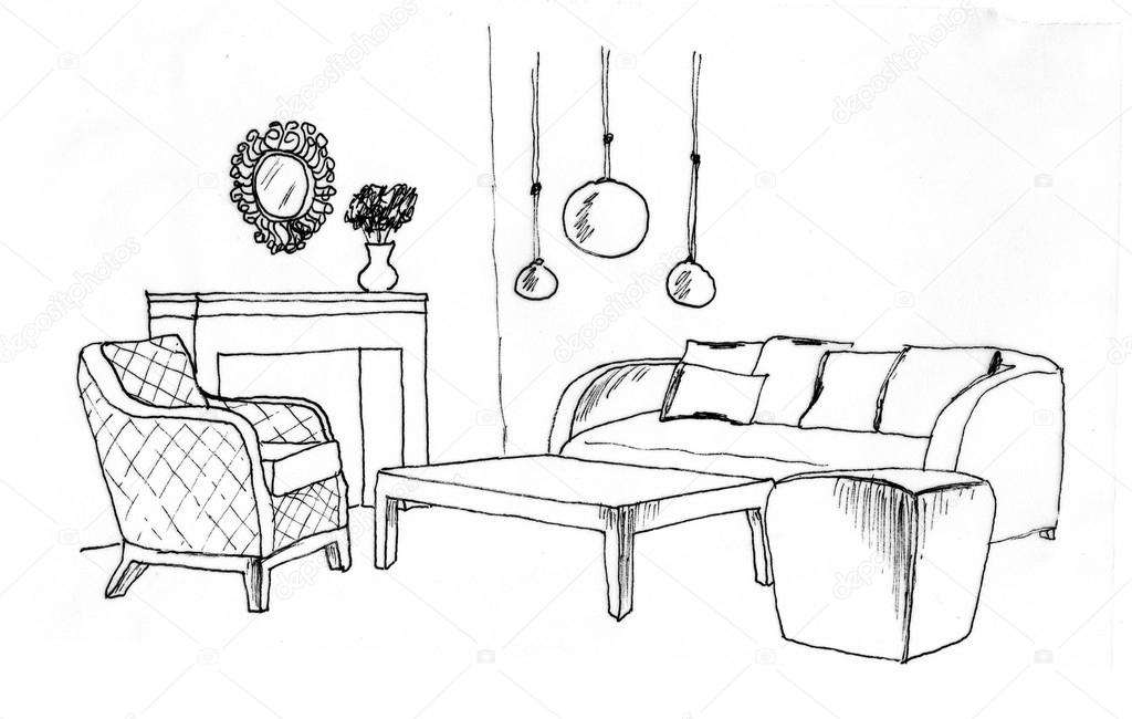 Graphical sketch of an interior living room, liner