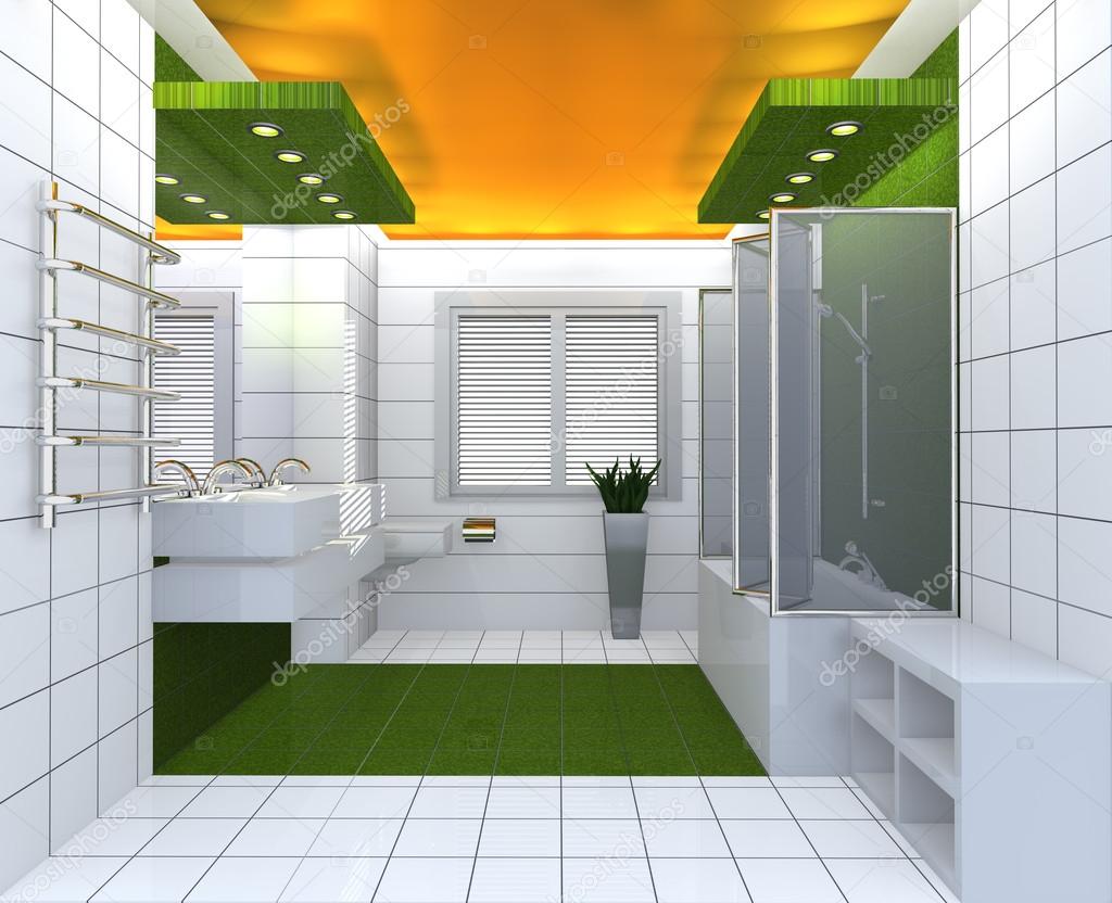 Modern luxury bathroom yellow green white interior.