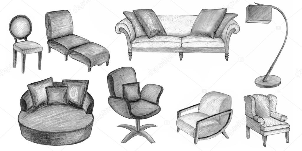 Möbel auf der weißen Fläche skizzieren - Stockfotografie: lizenzfreie