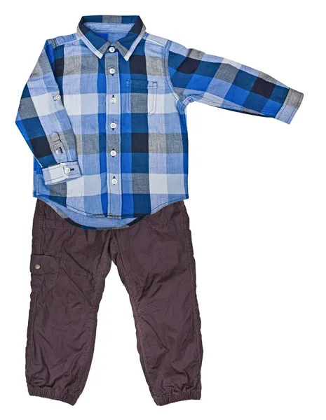 Blauwe plaid shirt met een lange mouw en een broek — Stockfoto