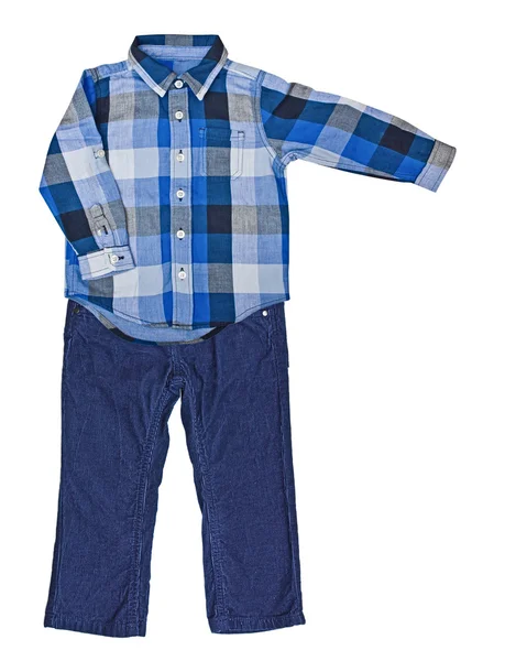 Голубая клетчатая рубашка с длинным рукавом и голубыми бархатными брюками — стоковое фото