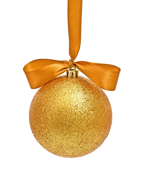 Golden Christmas sphere with ribbon and bow — Stock Photo, Image