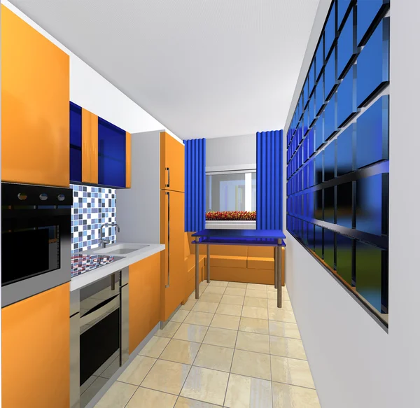 厨房里的蓝色和橙色的模型 — 图库照片