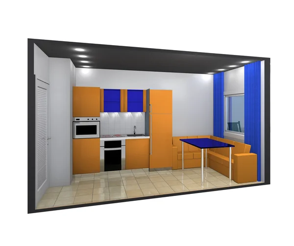 Blauwe en oranje model van de keuken — Stockfoto