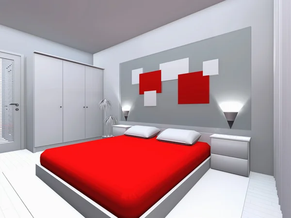 Dormitorio gris-rojo — Foto de Stock