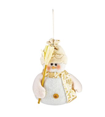 Süpürgeli kardan adam, beyaz arka planda soyutlanmış.