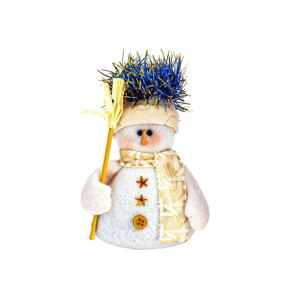 Kerstbal Sneeuwpop Met Bezem Geïsoleerd Witte Achtergrond — Stockfoto