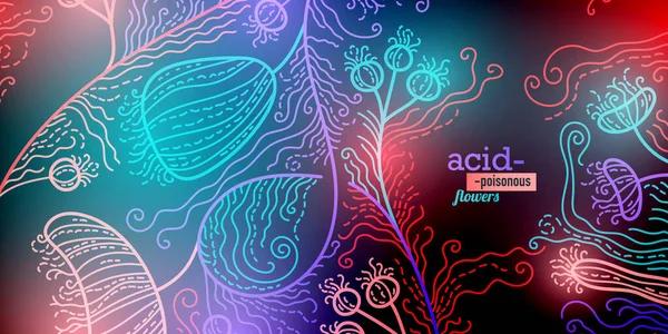 Bright acid colors of flowers in the form of thin lines. Neon glow on a dark background. Abstract painting. Suitable for banners, flyers, labels and covers. — Vector de stock