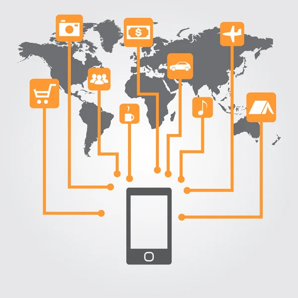 Dünya harita üzerinde simgeler ile Smartphone.