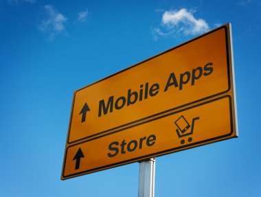 mobil uygulamalar yol işaretiyle sepeti ve smartphone.