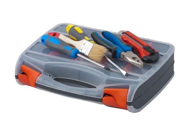 Reparatie tools zijn op de plastic doos. — Stockfoto