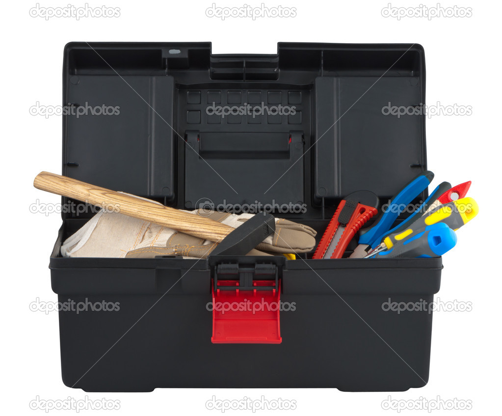 Tools in box isolated on white background.