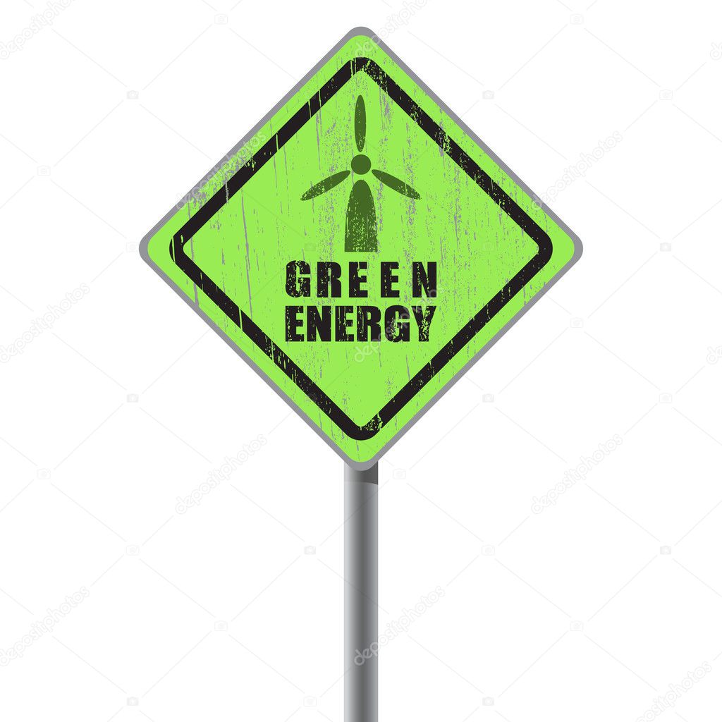 Green energy old scratched street sign.
