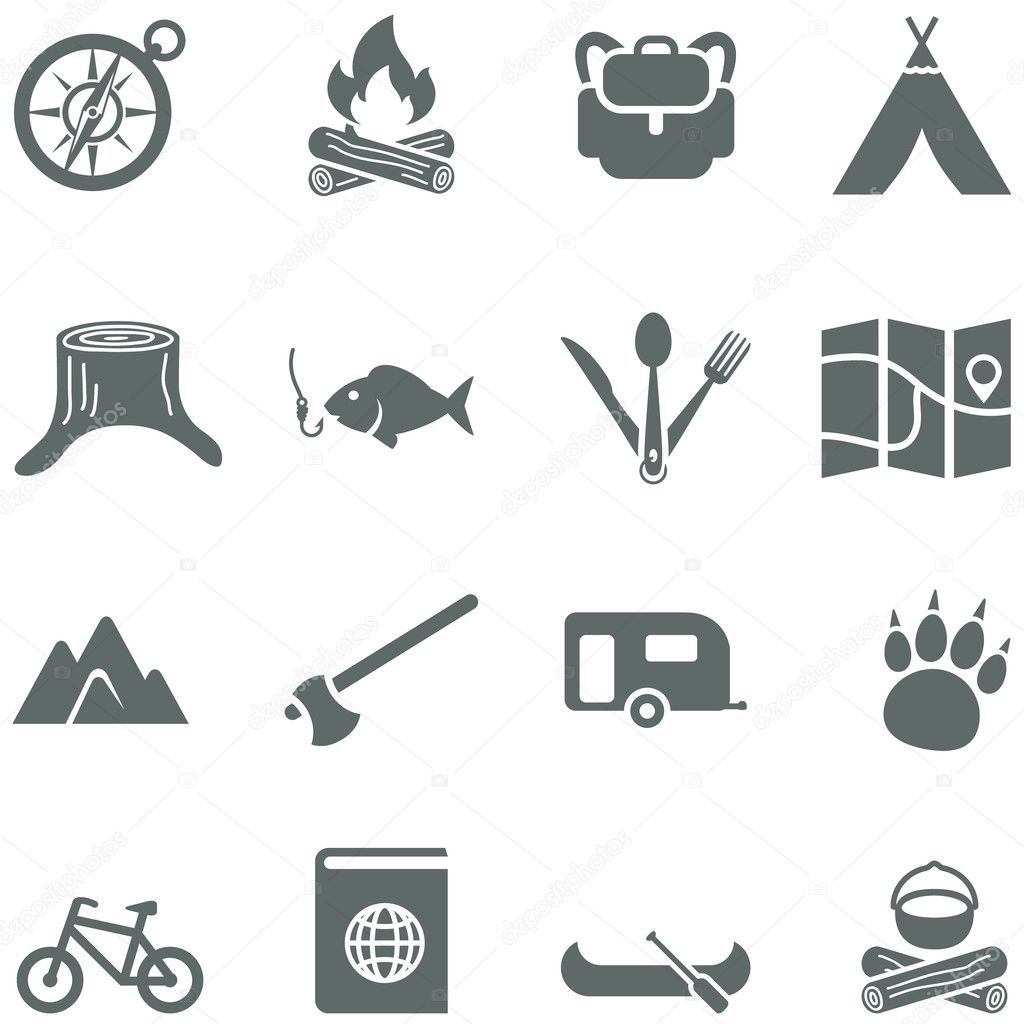 Set of vector icons for tourism, travel and camping.