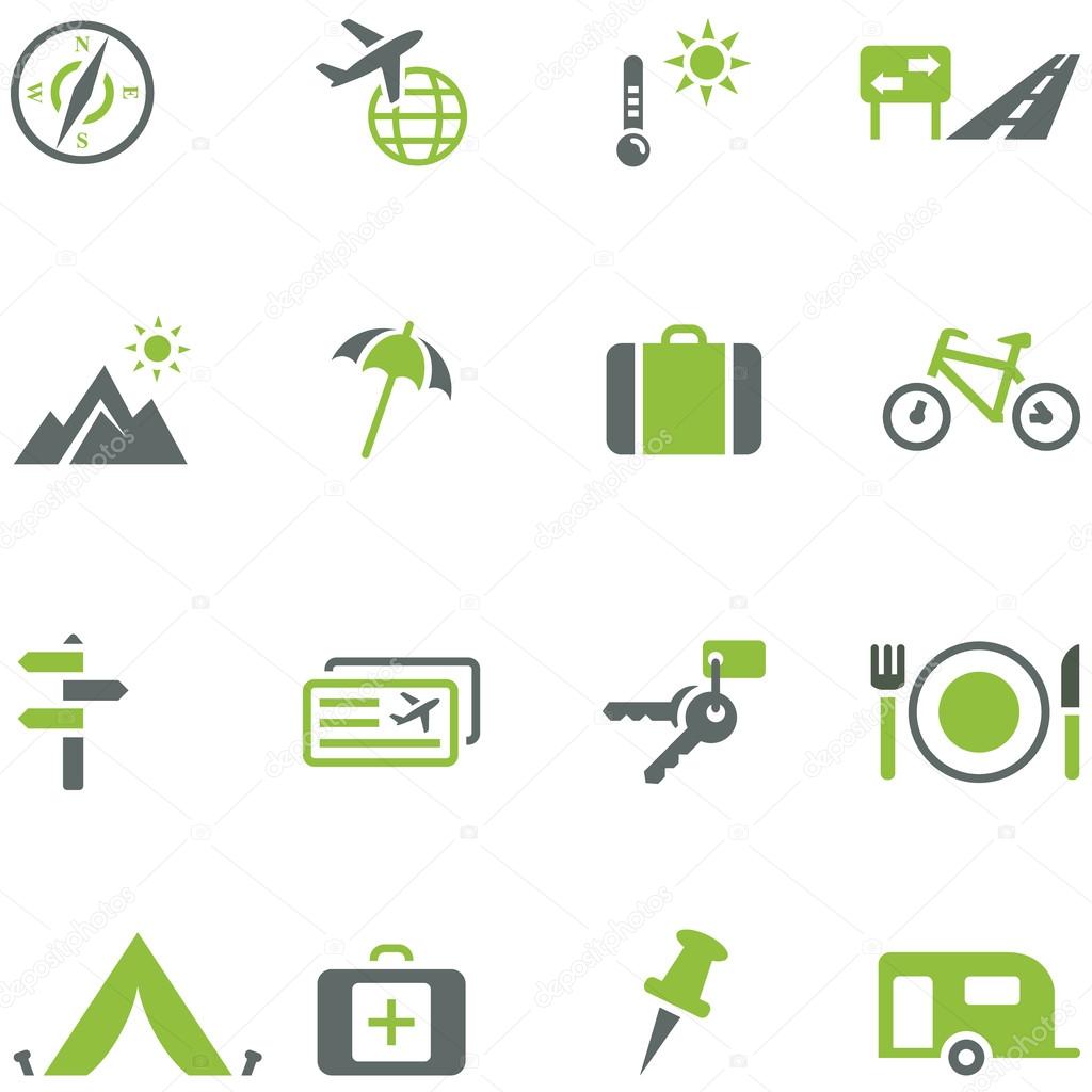 Collection of icons for travel, tourism and active recreation.