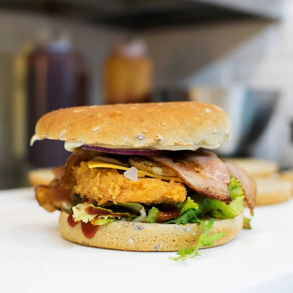 Burger Bacon Chicken Close Background Bottles Ketchup Mustard — Stock Photo, Image